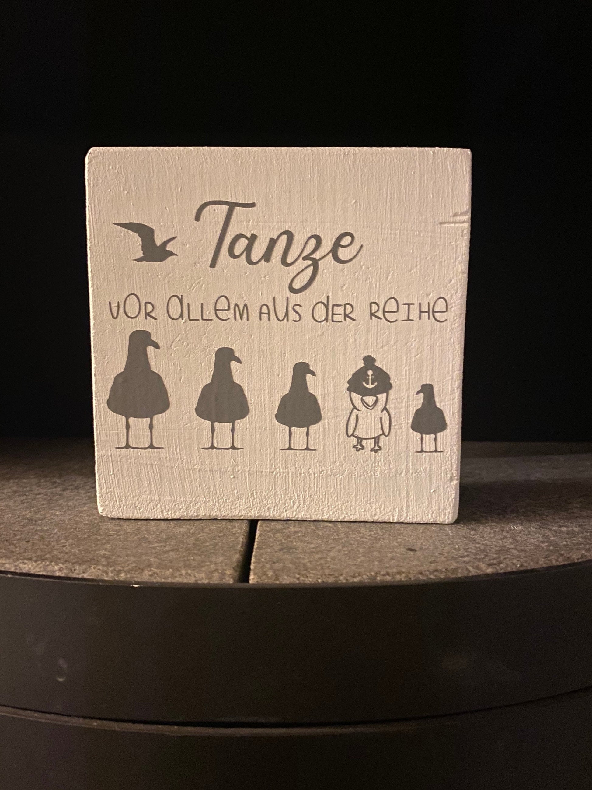 Tanze vor allem aus der Reihe, Holzschild, Manapal, maritime Deko, Möwe, Moin, Schild, Holzdeko, Tischdeko