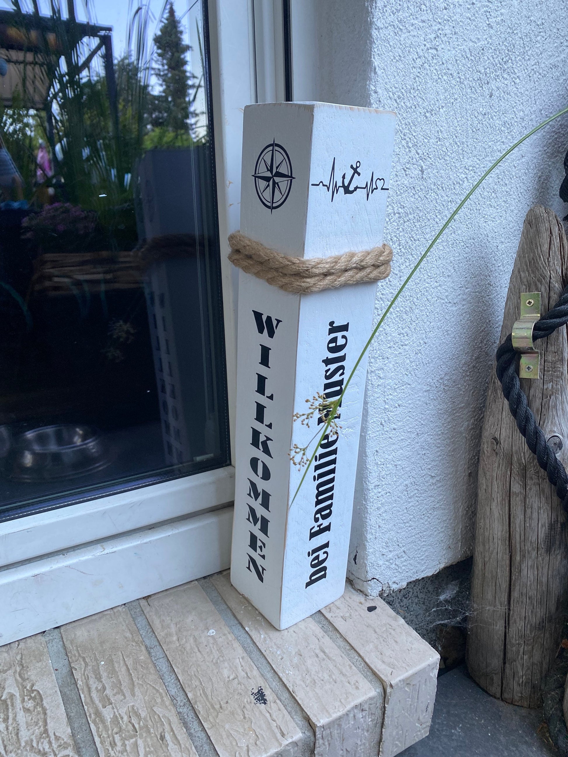 Personalisierter Poller 50-80cm mit Ihrem Namen oder Wunschtext, individuell Willkommen Heimathafen Insel Hochzeit Jubiläum Koordinaten