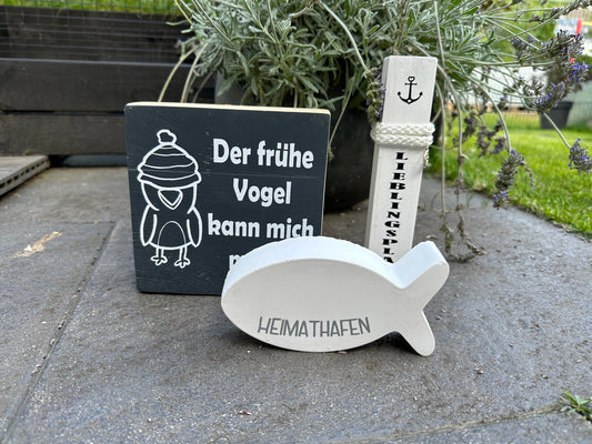 Maritime Tischdeko im Set Dekoration Aufsteller Heimathafen Holzschild Poller Ankerplatz Möwe maritim grau Lieblingsplatz