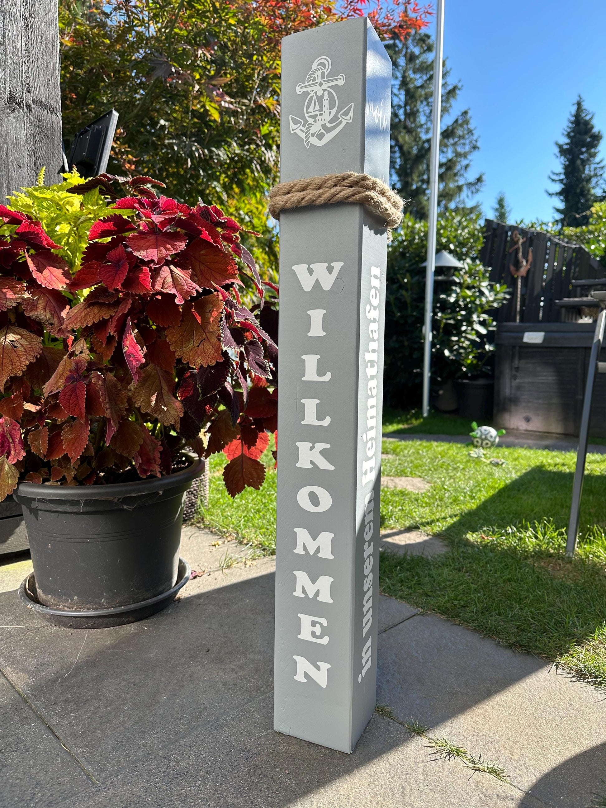 Willkommen in unserem Heimathafen Poller Anker grau Moin Gartendeko Dekoration Garten Manapal maritime Deko